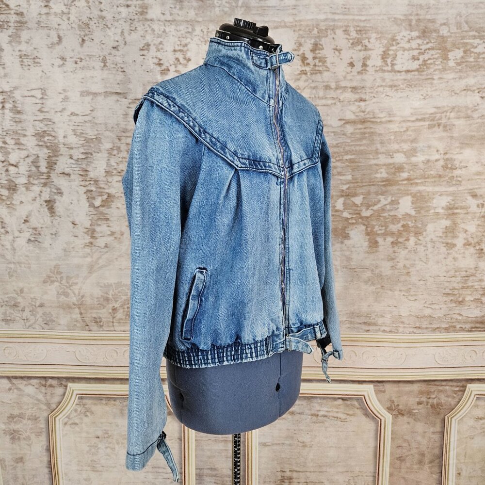 Vintage 1980s Denim Blue Bomber Jacket Distressed Yoke vtg 80s Puff Sleeve M L - Picture 10 of 14